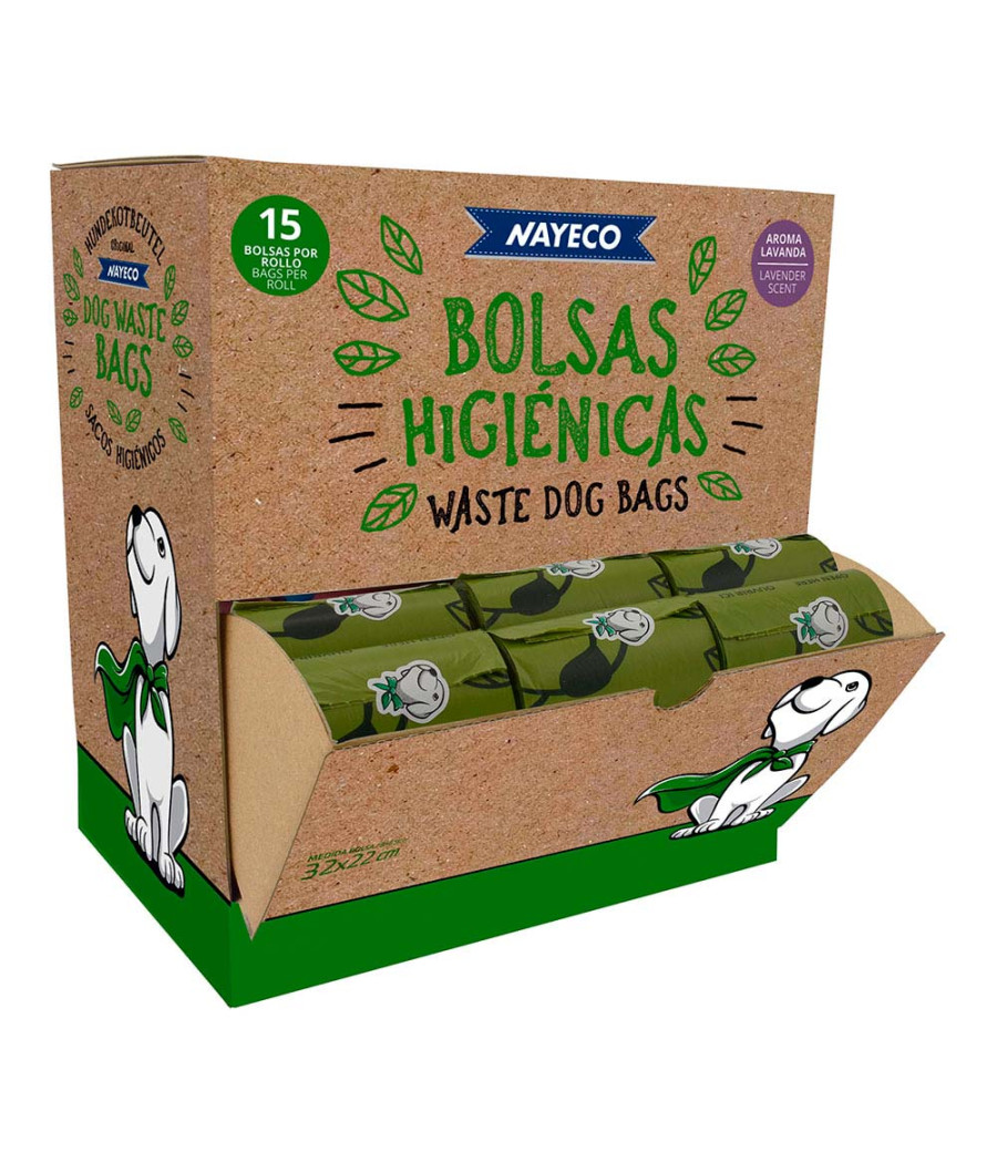 Rolo com 15 sacos higiênicos biodegradáveis, aroma de lavanda, 33 x 22 cm, 60 unidades por display