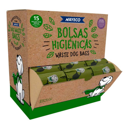 Rolo com 15 sacos higiênicos biodegradáveis, aroma de lavanda, 33 x 22 cm, 60 unidades por display